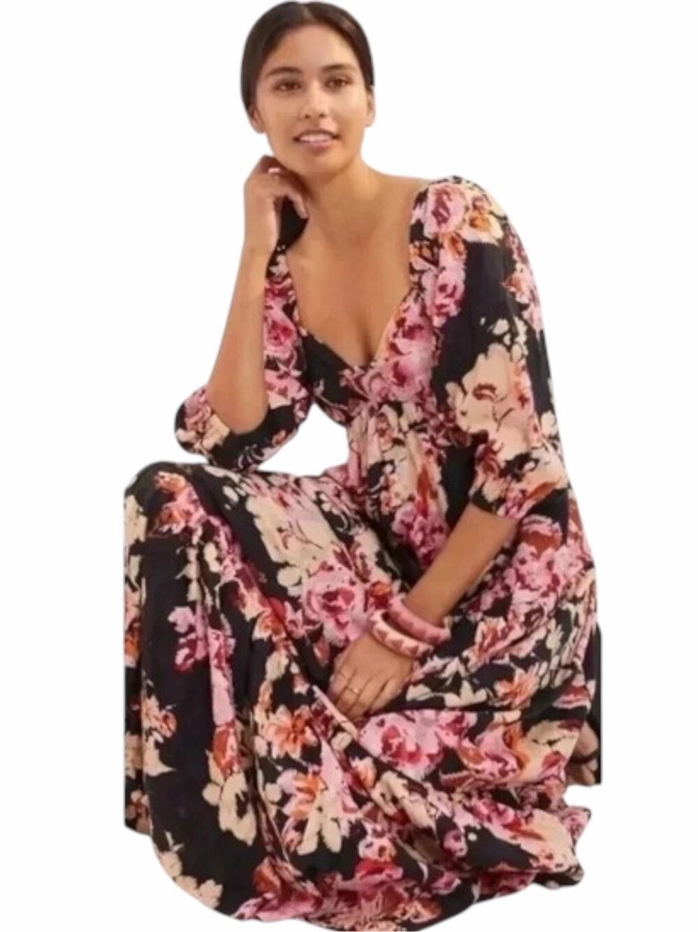BY ANTHROPOLOGIE Blossom Floral Maxi Dress Black Pink Puff Sleeve Large